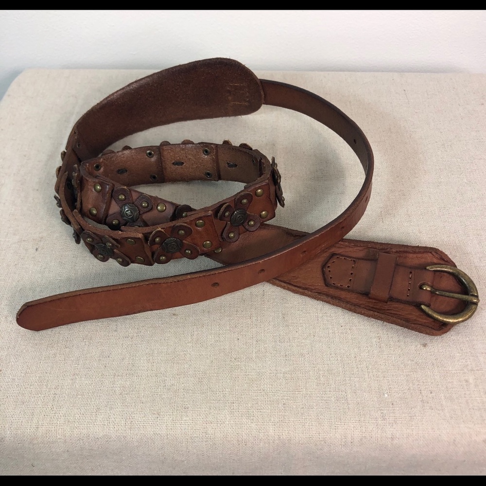 Bed Stu Kyle Leather Belt Tooled Flowers Studded